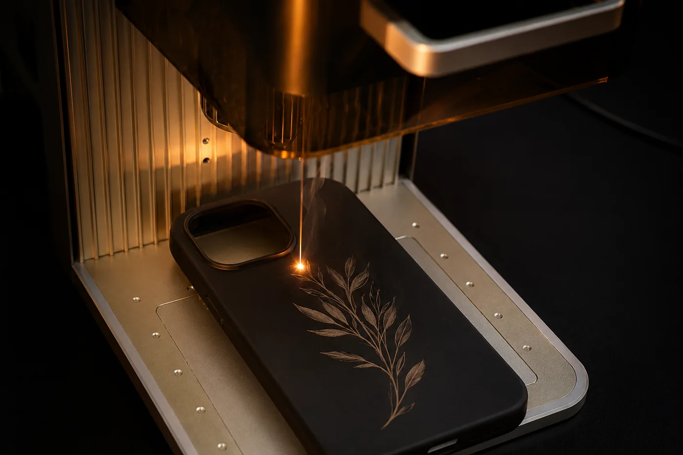 Lasergravur auf schwarzer Smartphone-Hülle